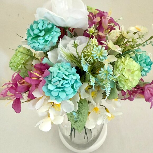 Handcrafted Floral Centerpiece Arrangement Clear Hourglass Vase Upcycled Decor - Picture 5 of 13